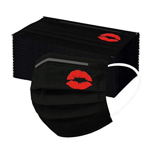 50 Pcs Adults Black Disposable Face Masks for Women Men with Designs Printed Breathable Full Face Cover Protection 3 Ply (Red Lip)