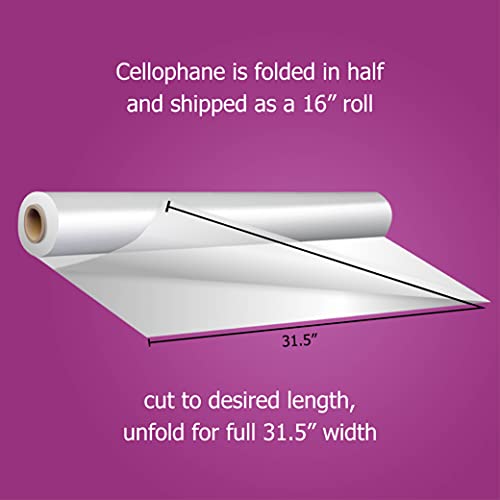 Clear Cellophane Wrap Roll 31.5 Inches Wide by 100 Feet Long Thick Cellophane Roll for Baskets Gifts Flowers Food Safe Cello Rolls (Folded on 16" Roll - Unfolds to 31.5" Wide) (32"x100')
