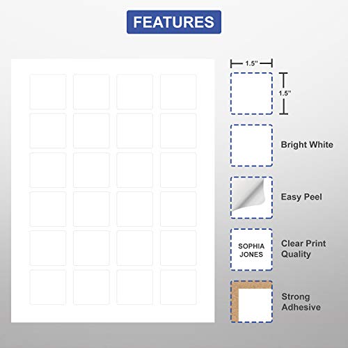 TYH Supplies White Matte Square Printer Labels 1.5 x 1.5 Inch, 1200 Labels, Laser & Inkjet, Strong Adhesive, Compatible with Avery 22805 Template
