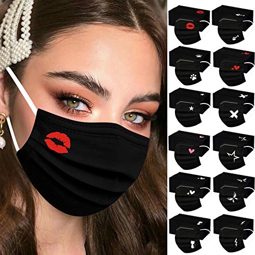 50 Pcs Adults Black Disposable Face Masks for Women Men with Designs Printed Breathable Full Face Cover Protection 3 Ply (Red Lip)