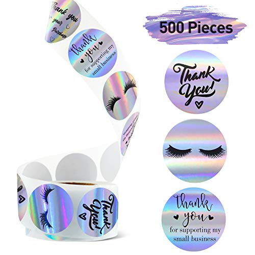 500 Pieces Thank You for Supporting My Small Business Stickers Eyelash Stickers Round Shape Adhesive Holographic Stickers Rainbow Lash Label Stickers for Business Boutiques Shop, 6 Styles