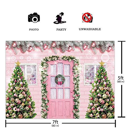 Funnytree 7x5FT Pink Christmas Photography Backdrop Xmas Tree Santa Brick Wall Door Dream Background for Girl Kids Holiday Birthday Party Supplies Banner Decor Photo Booth Studio Prop Gifts