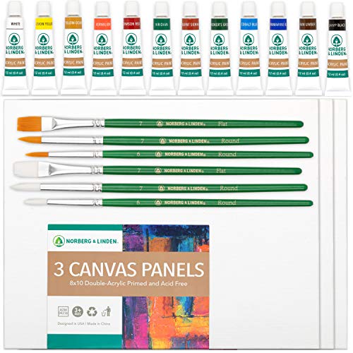 Norberg & Linden Acrylic Paint Set -12 Acrylic Paints, 6 Paint Brushes for Acrylic Painting, 3 Painting Canvas Panels - Premium Art Supplies for Adults Canvas Painting