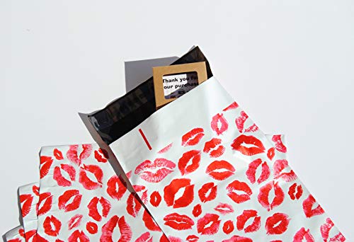 Lips Poly Mailers Red Kiss for Make Up Lip Gloss LipStick Self Sealing Envelope Wide Lip Print Waterproof Shipping | Pack of 25 | Size 10 x 6.75" inches