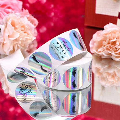 500 Pieces Thank You for Supporting My Small Business Stickers Eyelash Stickers Round Shape Adhesive Holographic Stickers Rainbow Lash Label Stickers for Business Boutiques Shop, 6 Styles
