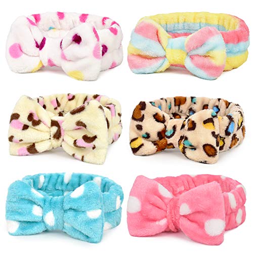 HUIANER Cute Bow Headband Coral Fleece Elastic Bowknot Hair Band For Girls Washing Face Makeup Cosmetic Yoga Sports Pajama Party, Pack of 6