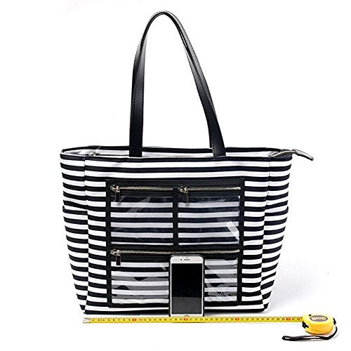 Women Faux Leather Handbag Striped Display Marketing Presentation Bag Tote (Black)