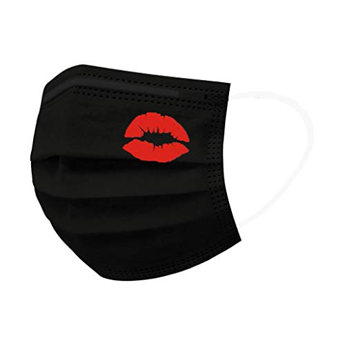 50 Pcs Adults Black Disposable Face Masks for Women Men with Designs Printed Breathable Full Face Cover Protection 3 Ply (Red Lip)