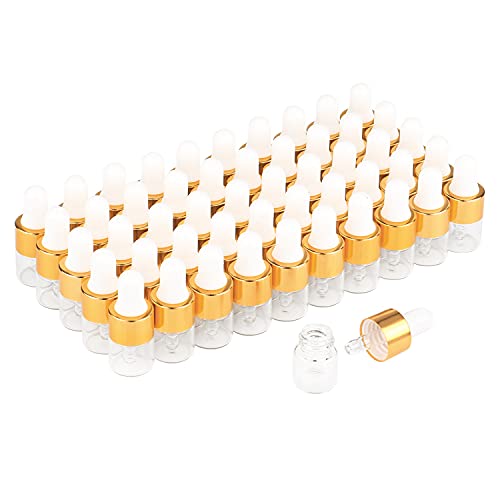 Wresty 50 Pcs Clear Glass Dropper Vails 1ml Mini Essential Oils Sample Dropper Bottles For Traveling Essential Oils Perfume Cosmetic Liquid,With 2 pcs dropper