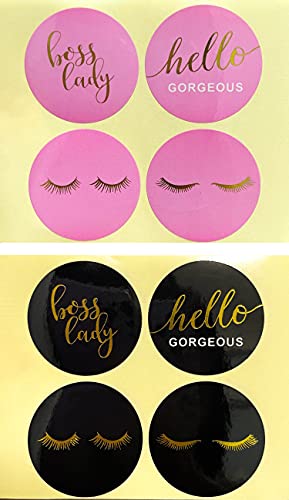 Boss Lady Eyelash Stickers Pink & Black Hello Gorgeous Lash Stickers -256 PCS Gilding Prints Labels Great for Businesses, Online Retailers to use on Eyelashes Box Storage Case Decorations Supplies