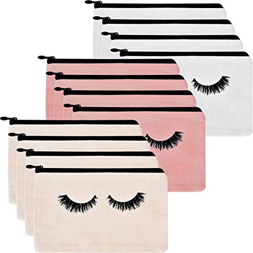 Yarachel Eyelash Makeup Bags - 12 Pieces Cosmetic Bags Travel Make up Pouches with Zipper for Women and Girls (12 Pieces, White,Beige and Pink)
