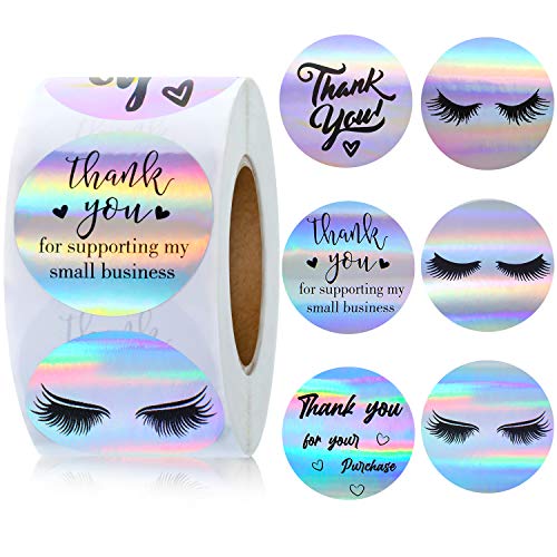 500 Pieces Thank You for Supporting My Small Business Stickers Eyelash Stickers Round Shape Adhesive Holographic Stickers Rainbow Lash Label Stickers for Business Boutiques Shop, 6 Styles