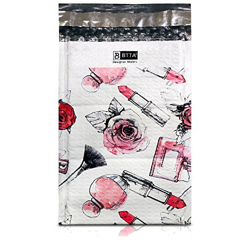 25 Pack 6x10 Pink Makeup Poly Bubble Mailers Padded Shipping Envelopes Bags with Custom Designer Printed Boutique Pattern and Self Seal Adhesive Strip - Large Heavy Duty Waterproof Bulk Combo