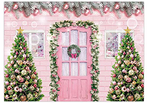 Funnytree 7x5FT Pink Christmas Photography Backdrop Xmas Tree Santa Brick Wall Door Dream Background for Girl Kids Holiday Birthday Party Supplies Banner Decor Photo Booth Studio Prop Gifts