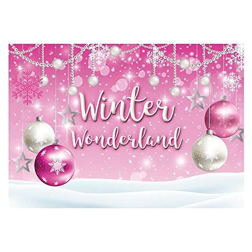 Funnytree 7x5ft Winter Wonderland Theme Backdrop for Pink Girl Baby Shower Birthday Party Christmas Snowflake Snow Landscape Photography Background Bokeh Glitter Pearl Banner Decoration Photo Booth