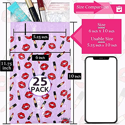 Modern 5th - Metallic Purple Bubble Mailers, 6x10 Inches(Usable Size:5.25X10”), Pack Of 25, Lip Gloss Design, Conveniently Self Sealing, Protective Padded Envelopes, Cute Packaging For Small Business