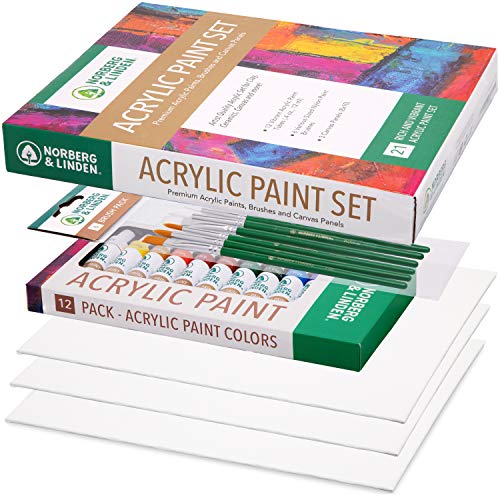 Norberg & Linden Acrylic Paint Set -12 Acrylic Paints, 6 Paint Brushes for Acrylic Painting, 3 Painting Canvas Panels - Premium Art Supplies for Adults Canvas Painting
