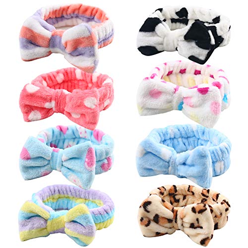 Bow Hair Band, Soft Carol Fleece Hairlace Headband Turban Bowknot Bow Makeup Shower Headbands Headwraps for Washing Face Shower Spa Mask, Multiple Styles, 8PCS
