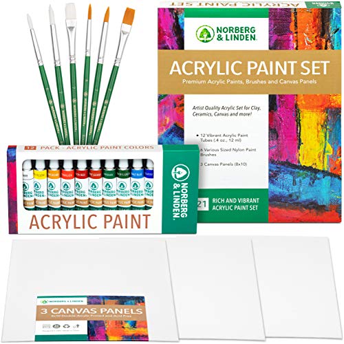 Norberg & Linden Acrylic Paint Set -12 Acrylic Paints, 6 Paint Brushes for Acrylic Painting, 3 Painting Canvas Panels - Premium Art Supplies for Adults Canvas Painting