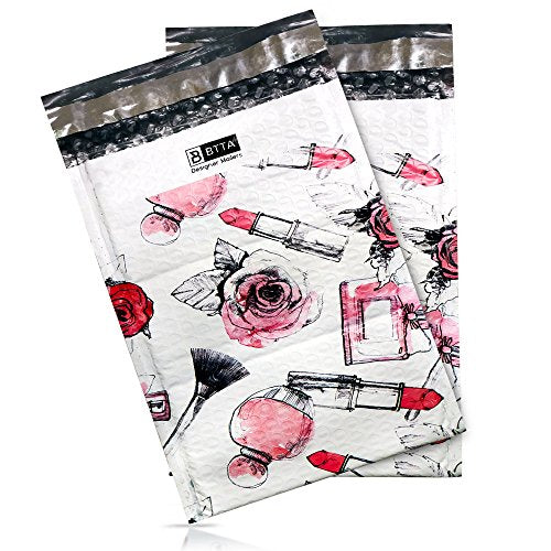 25 Pack 6x10 Pink Makeup Poly Bubble Mailers Padded Shipping Envelopes Bags with Custom Designer Printed Boutique Pattern and Self Seal Adhesive Strip - Large Heavy Duty Waterproof Bulk Combo