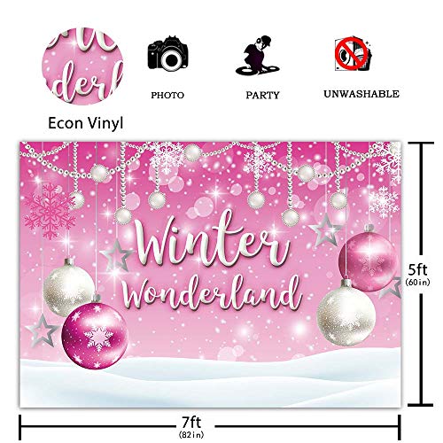 Funnytree 7x5ft Winter Wonderland Theme Backdrop for Pink Girl Baby Shower Birthday Party Christmas Snowflake Snow Landscape Photography Background Bokeh Glitter Pearl Banner Decoration Photo Booth