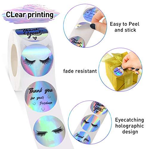 500 Pieces Thank You for Supporting My Small Business Stickers Eyelash Stickers Round Shape Adhesive Holographic Stickers Rainbow Lash Label Stickers for Business Boutiques Shop, 6 Styles