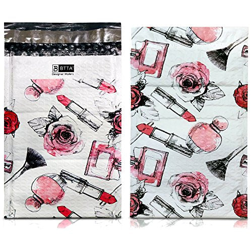 25 Pack 6x10 Pink Makeup Poly Bubble Mailers Padded Shipping Envelopes Bags with Custom Designer Printed Boutique Pattern and Self Seal Adhesive Strip - Large Heavy Duty Waterproof Bulk Combo