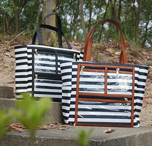 Women Faux Leather Handbag Striped Display Marketing Presentation Bag Tote (Black)